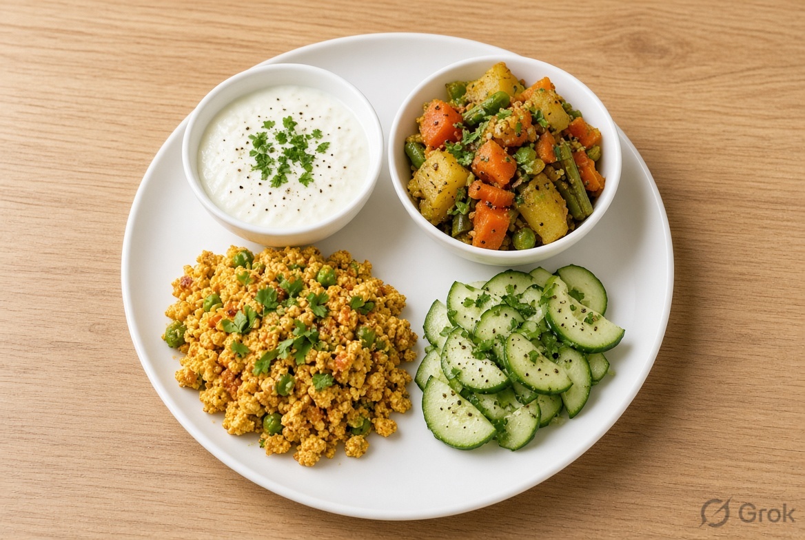 Low Carb Indian Diet Plan for Beginners A low carb Indian diet can be very effective for weight loss, better blood sugar control, and reduced bloating. The biggest challenge for beginners is that traditional Indian meals are built around roti, rice, and potatoes. Many people think low carb means giving up Indian food completely – which is not true. This guide gives you a practical low carb Indian diet plan for beginners that uses familiar ingredients, keeps meals satisfying, and does not feel extreme. You will get clear food lists, sample meal plans, and common beginner mistakes to avoid. What is a Low Carb Diet? A low carb diet reduces the intake of carbohydrates (especially refined ones) and focuses more on protein, healthy fats, and non-starchy vegetables. For most beginners, a moderate low carb approach (70–100 grams of net carbs per day) works better than very strict keto. This level is sustainable and still allows some roti or rice in controlled portions. Foods You Can Eat Freely All non-starchy vegetables (lauki, tinda, bhindi, cabbage, cauliflower, spinach, cucumber, tomato, etc.) Paneer, tofu, eggs, chicken, fish (if non-vegetarian) Dals in moderate quantity Curd, Greek yogurt, cheese Nuts and seeds in measured amounts Ghee, coconut oil, mustard oil in small quantities Lemon, spices, herbs, green chutney Foods to Reduce or Avoid White rice, regular wheat roti, maida items Potatoes, sweet potatoes (limit) Sugar, jaggery, sweets, cold drinks Banana, mango, chikoo in large amounts Packaged snacks, biscuits, namkeen Fruit juices Smart Low Carb Swaps for Indian Meals Replace regular roti with smaller multigrain or almond flour roti (or eat only 1) Replace rice with cauliflower rice or just more sabzi and dal Replace potato sabzi with lauki, tinda, or cabbage sabzi Replace sugary chai with cinnamon tea or black coffee Use besan or moong dal chilla instead of heavy paratha 7-Day Sample Low Carb Indian Diet Plan for Beginners Day 1 Breakfast: Moong dal chilla (2) + mint chutney Lunch: 1 small multigrain roti + large mixed vegetable sabzi + bowl of curd Dinner: Paneer bhurji + salad + leftover sabzi Day 2 Breakfast: Vegetable omelette or besan cheela Lunch: Large dal + cabbage sabzi + cucumber salad (no roti) Dinner: Grilled paneer or soya chunks + mixed vegetables Day 3 Breakfast: Curd + seeds + handful of berries or apple Lunch: 1 roti + palak paneer + salad Dinner: Cauliflower rice khichdi style with vegetables Day 4 to Day 7 follow similar pattern – high volume of vegetables, moderate protein, controlled carbs. Important Tips for Beginners Do not cut carbs too drastically in the first week. Reduce slowly. Drink enough water and add electrolytes (pinch of salt + lemon) if you feel low energy. Keep protein high so you do not feel weak. Use spices liberally – Indian spices make low carb food tasty. Track how your clothes fit rather than only the weighing scale. Common Beginner Mistakes Eating unlimited nuts and cheese (calories add up fast) Completely removing all carbs and then bingeing later Not eating enough vegetables and fibre Relying on packaged “low carb” products Expecting very fast weight loss in the first 3 days Who Should Be Careful? People with kidney issues, pregnant women, breastfeeding mothers, and those with history of eating disorders should consult a doctor before starting any restrictive diet. Frequently Asked Questions Can I eat dal in a low carb diet? Yes, in moderate quantities. Dal provides protein and fibre. Is this diet good for diabetes? Many people with diabetes see better sugar control on lower carb diets, but medical supervision is advised. How much weight can I lose? Beginners often lose 2–4 kg in the first month, mostly from water weight and reduced bloating initially, followed by fat loss. Final Words Low Carb Indian Diet Plan for Beginners