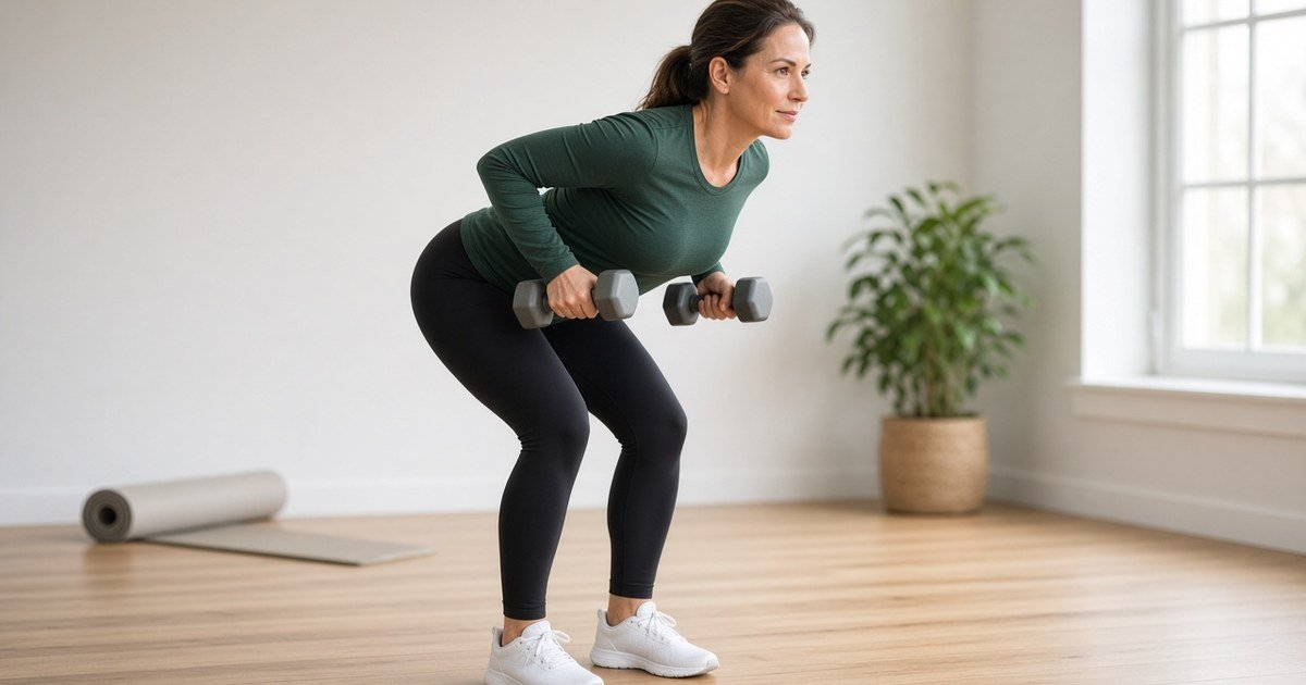 5 lb dumbbell arm workout for women at home: woman doing a bent-over dumbbell row with light dumbbells