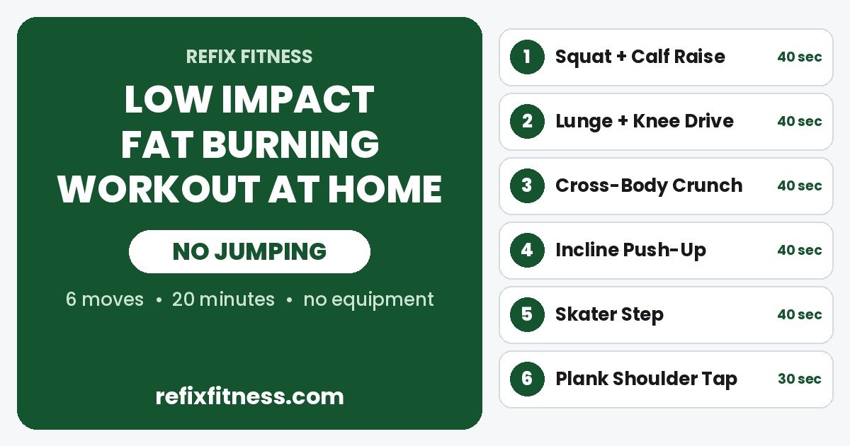 Low impact fat burning workout at home with no jumping: 6 beginner moves in 20 minutes