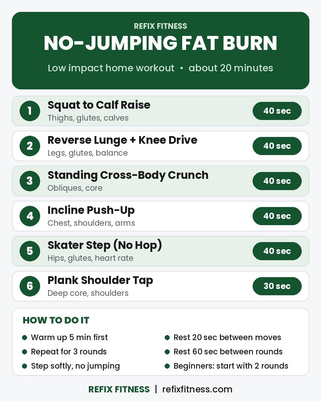 Low impact fat burning workout at home with no jumping: 6 moves, 40 seconds each, 3 rounds