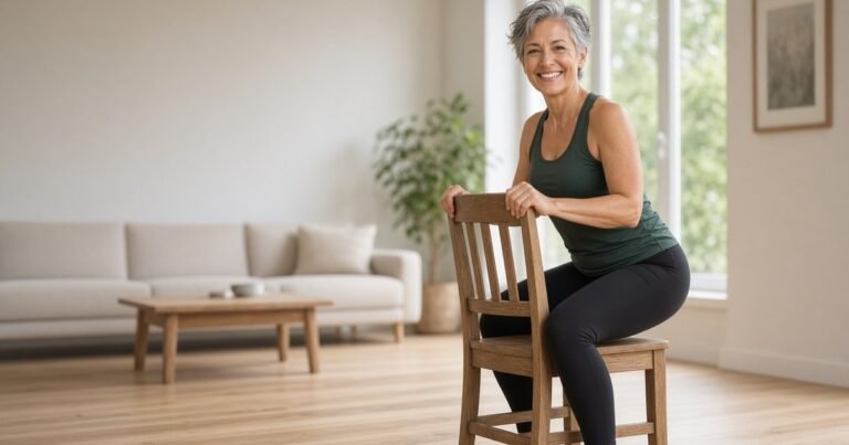 Woman over 50 doing a chair-supported squat at home for a beginner lower body workout