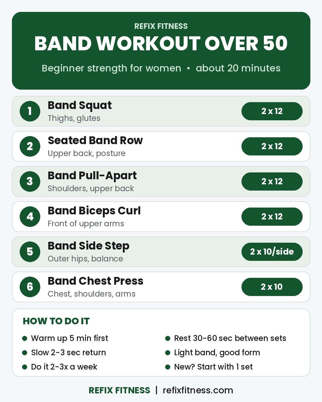 Resistance band workout for women over 50: 6 beginner moves, 2 sets each, about 20 minutes