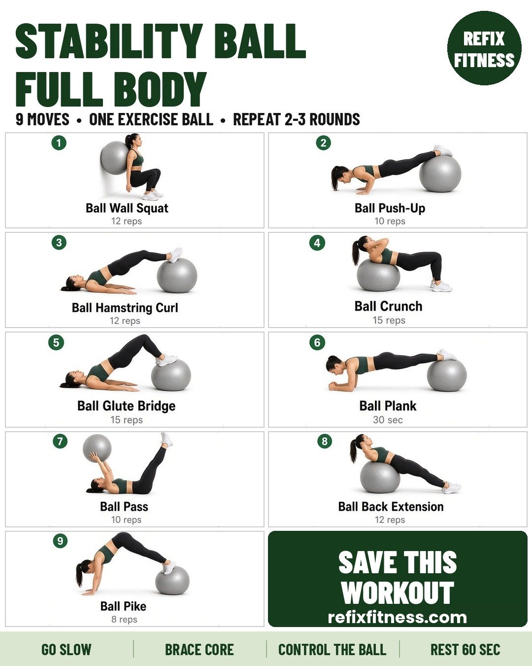 9-move stability ball workout for women over 50 with reps for each exercise